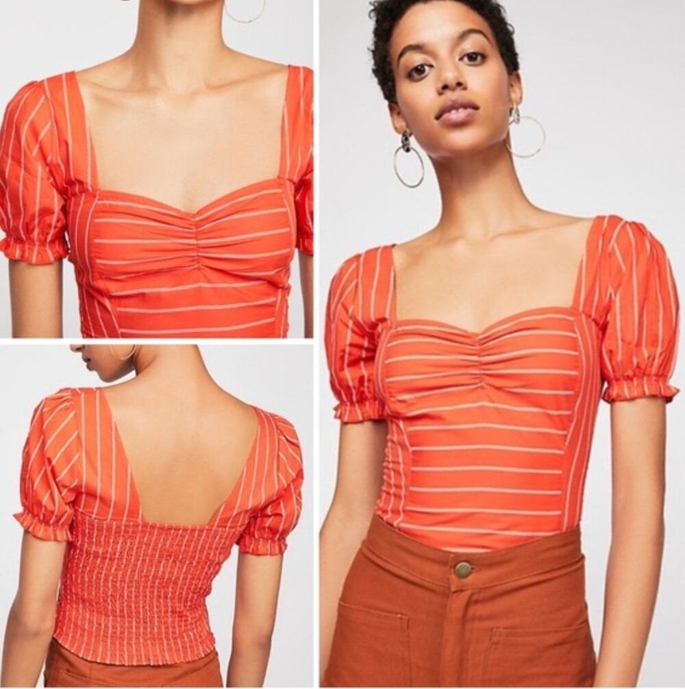 FREE PEOPLE Red Stripe Puff Sleeve Sweetheart Neck Rose Garden Cropped Top Sz XS